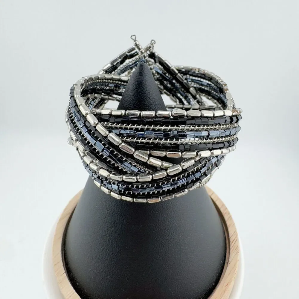 Vintage Wide Multi-Strand Cuff Stretch Black Silver Tone Bead Chain Statement